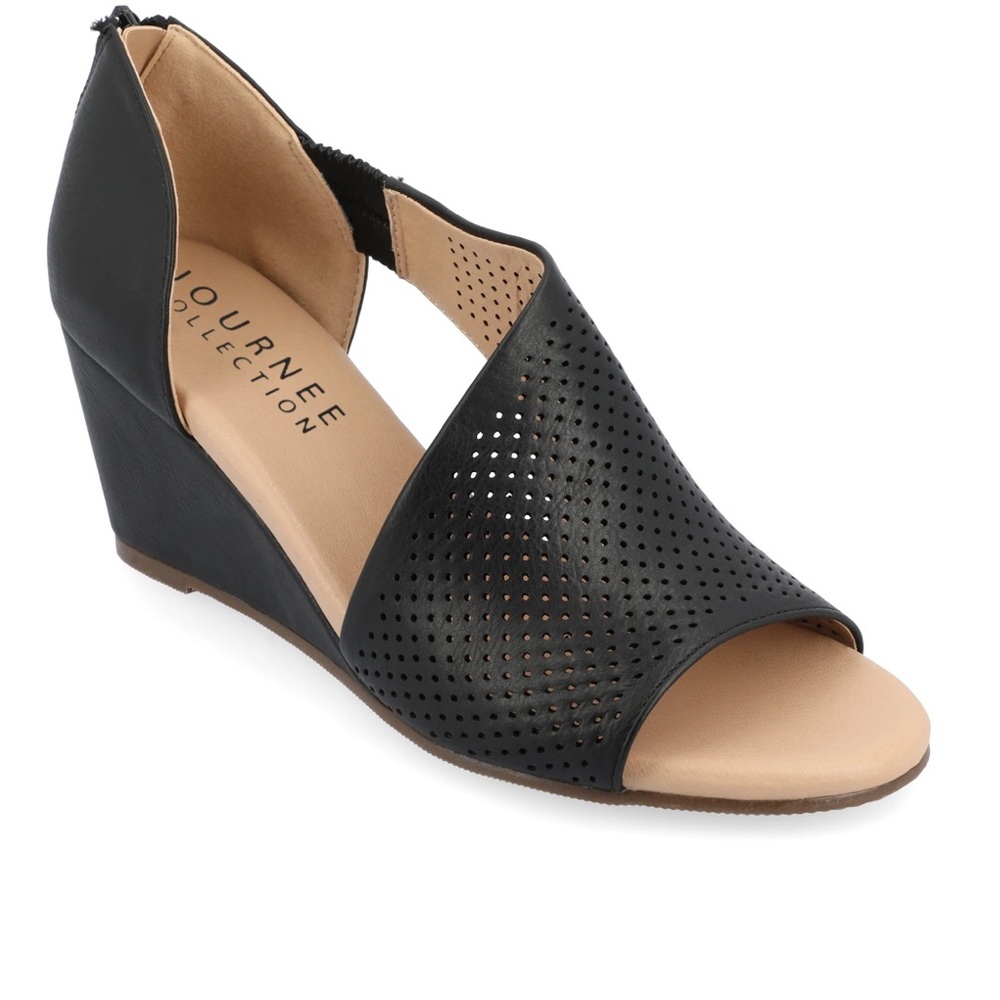 Journee Collection Aretha Black Open Toe Wedge Size 7 WD